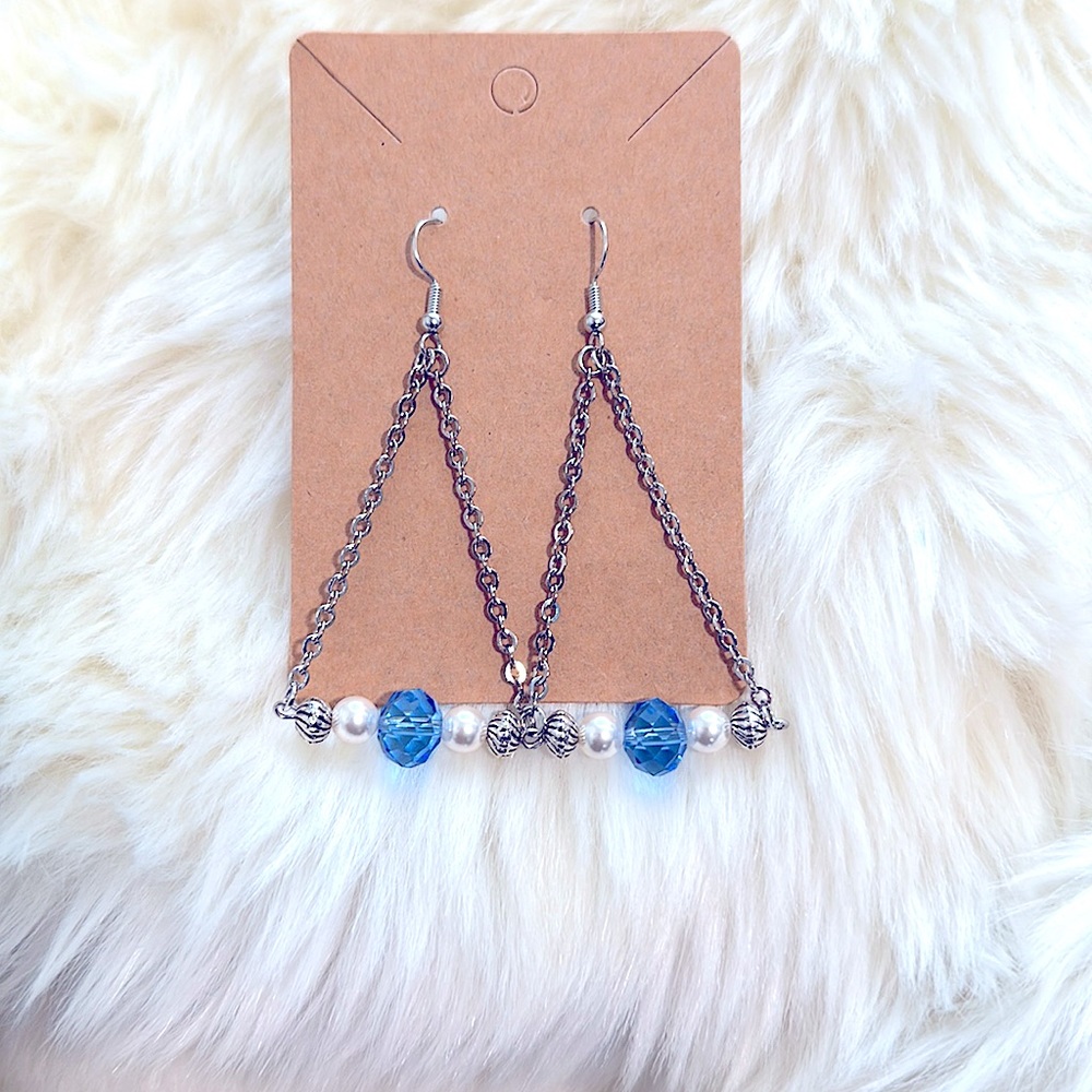 Stunning Chain Earrings Czech Blue Sapphire 8mm Round Faceted Beads+Pearl+Beaded